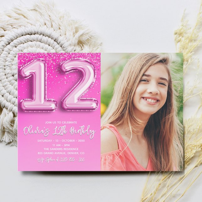 Pink Balloon Number 12 Girl's Birthday with Photo  Invitation (Creator Uploaded)