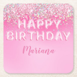 Pink Balloon Ombre Birthday Party Square Paper Coaster