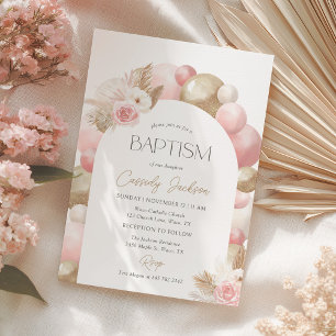Pink Balloon Pampas Grass Girl Baptism Invitation