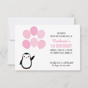 Pink Balloon Penguin Birthday Party Evite Print Invitation