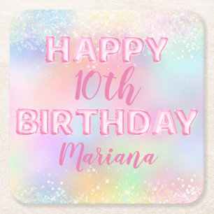 Pink Balloon Rainbow Birthday Party Square Paper Coaster