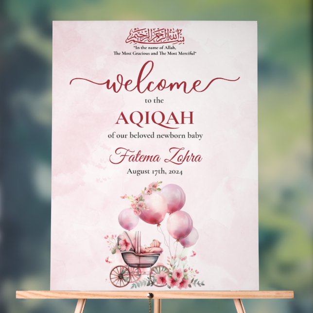 Pink Balloon Stroller Baby Girl Muslim Aqiqah Acrylic Sign (Neutral)