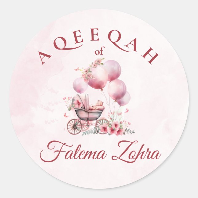 Pink Balloon Stroller Baby Girl Muslim Aqiqah Classic Round Sticker (Front)