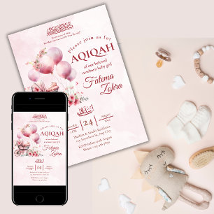 Pink Balloon Stroller Baby Girl Muslim Aqiqah Invitation