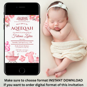 Pink Balloon Stroller Baby Girl Muslim Aqiqah Invitation