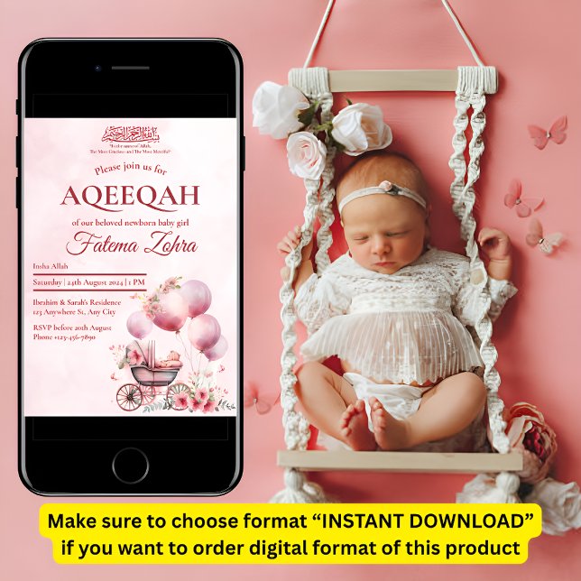 Pink Balloon Stroller Baby Girl Muslim Aqiqah Invitation (Creator Uploaded)