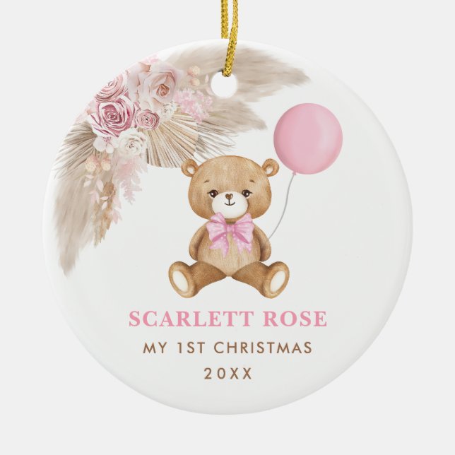 Pink Balloon Teddy Bear Baby First 1st Christmas Ceramic Ornament (Front)