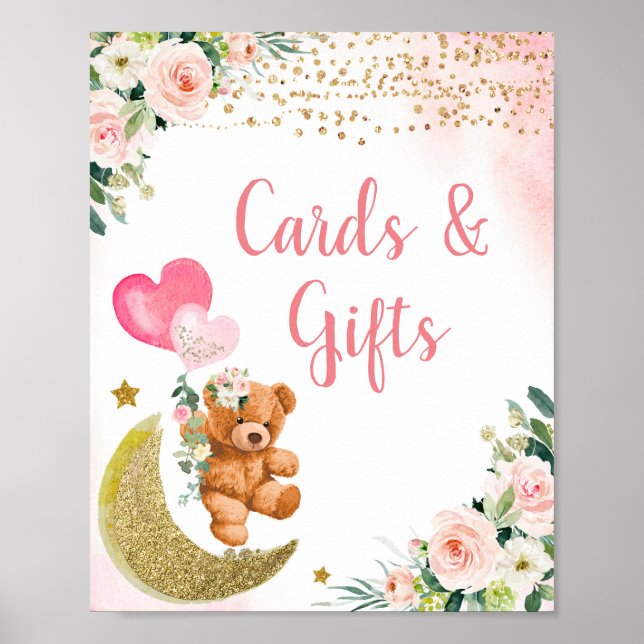 Pink Balloon Teddy Bear Cards and Gifts Poster (Front)