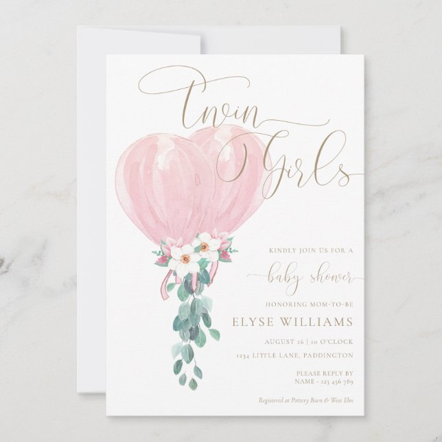 Pink Balloon Twin Girls Baby Shower Invitation (Front)