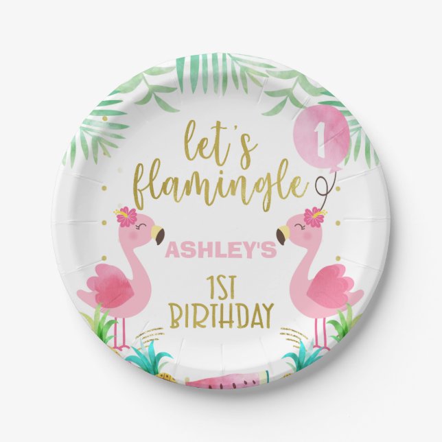 Pink Balloon Two flamingos first birthday Paper Plate (Front)