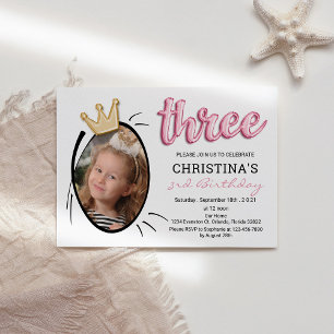 Pink Balloon Type   Cute Girls Photo 3rd Birthday Invitation