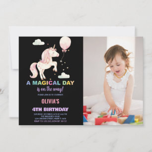 Pink Balloon Unicorn Birthday Invitations w photo