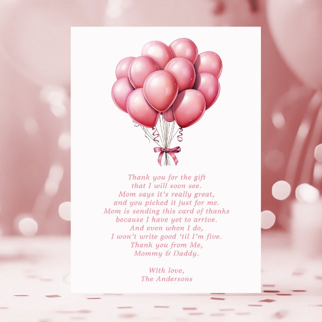 Pink Balloon Watercolor Girl Baby Shower Thank You (Creator Uploaded)