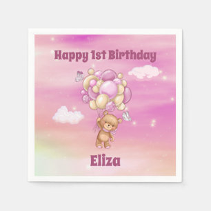 Pink Balloons 1st Birthday Teddy Bear Napkin