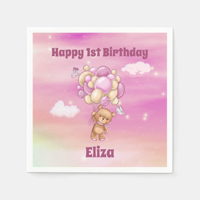 Pink Balloons 1st Birthday Teddy Bear Napkin (Front)