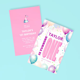 Pink Balloons 1st Turning One Birthday Invitation