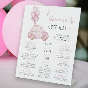 Pink Balloons and Car 1st Birthday Milestone Sign