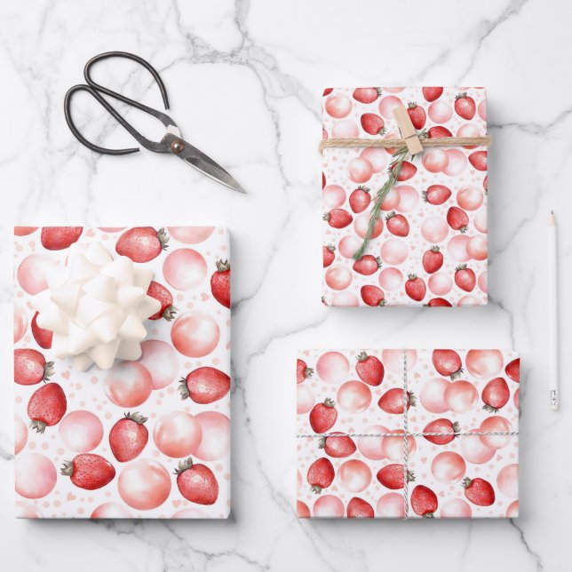 Pink Balloons and Red Strawberries Sweet Berry Wrapping Paper Sheet (Front)