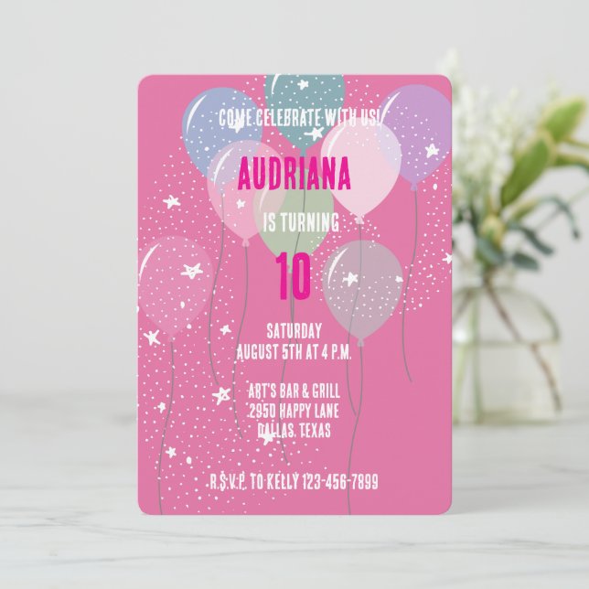 Pink Balloons and Stars Birthday Invitation (Standing Front)