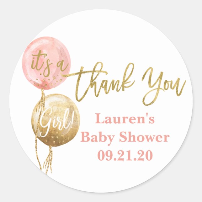 Pink balloons baby shower girl classic round sticker (Front)