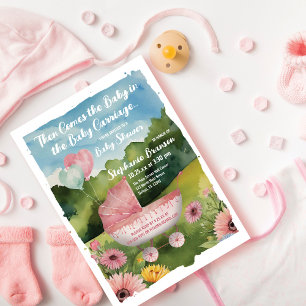 Pink Balloons Baby Stroller Watercolor Baby Shower Invitation