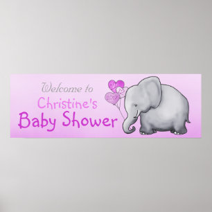 Pink Balloons Elephant Girl Baby Shower Poster