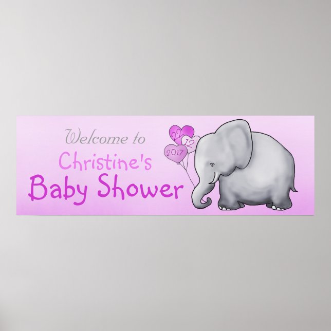 Pink Balloons Elephant Girl Baby Shower Poster (Front)