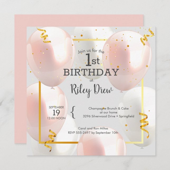 Pink Balloons Girl's 1st Birthday Invitation (Front/Back)