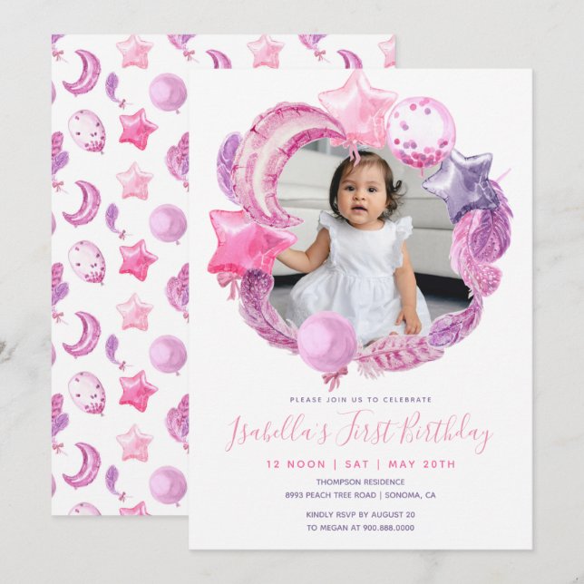 Pink Balloons Glitter Photo Girl Birthday Party  Invitation (Front/Back)