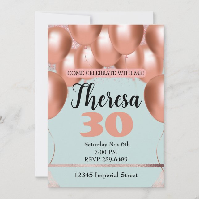 Pink Balloons on Light Blue Woman's Birthday Party Invitation (Front)