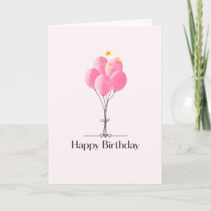 Pink Balloons on string with gold Happy Birthday Card