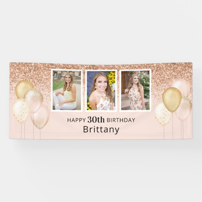 Pink Balloons Photo 30th Glitter Birthday Banner (Horizontal)
