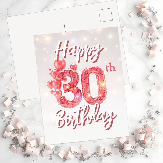 Pink Balloons & Sparkling Confetti 30th Birthday Postcard (Creator Uploaded)