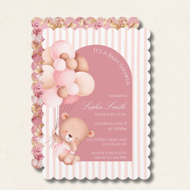 Pink Balloons, Stripes Bloom Baby Shower Scalloped Invitation (Creator Uploaded)