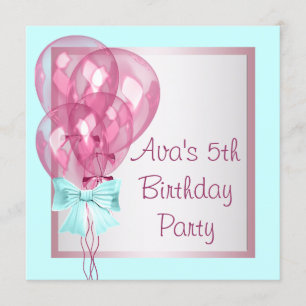 Pink Balloons Teal Blue Girls Birthday Party Invitation