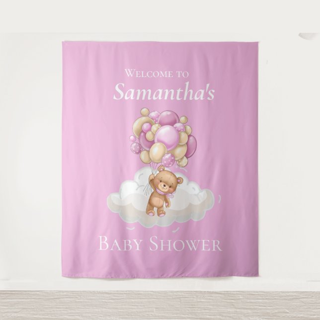  Pink Balloons Teddy Bear Baby Shower baby Shower Tapestry (Front)