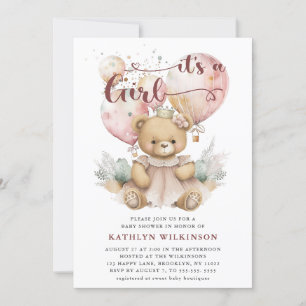 Pink Balloons Teddy Bear Floral Girl Baby Shower Invitation
