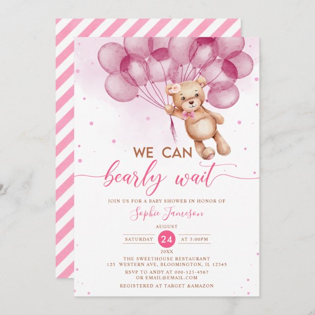Pink Balloons Teddy Bear Girl Baby Shower Invitation (Front/Back)