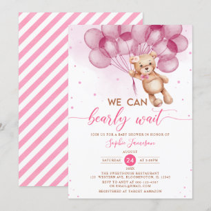 Pink Balloons Teddy Bear Girl Baby Shower Invitation