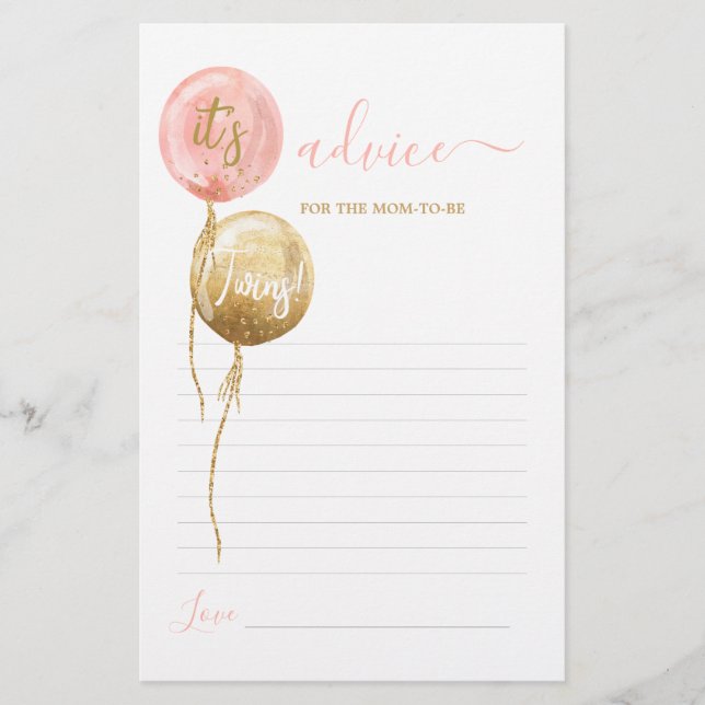 Pink balloons twins Advice for Mum To Be card (Front)