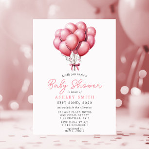 Pink Balloons Watercolor Girl Baby Shower Invitation