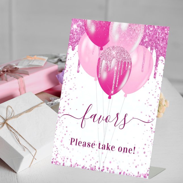 Pink balloons white guest party favours pedestal sign (Creator Uploaded)