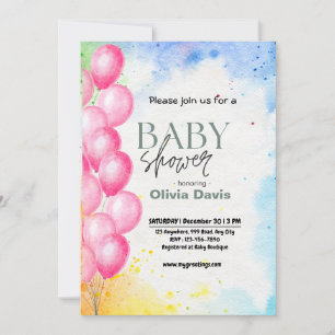 Pink Baloon Baby Shower Invitation