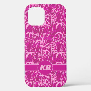 Pink bamboo grass on magenta pattern with monogram iPhone 12 case