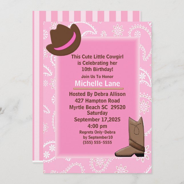 Pink Bandanna Cow Girl Birthday Party Invitation (Front/Back)