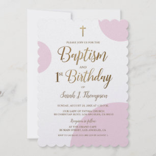 Pink Baptism and 1st Birthday Gold cross Invitation