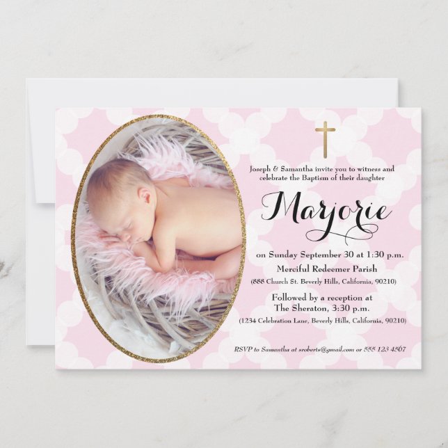 Pink Baptism baby girl photo Gold Cross Invitation (Front)