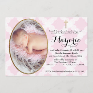 Pink Baptism baby girl photo Gold Cross Invitation