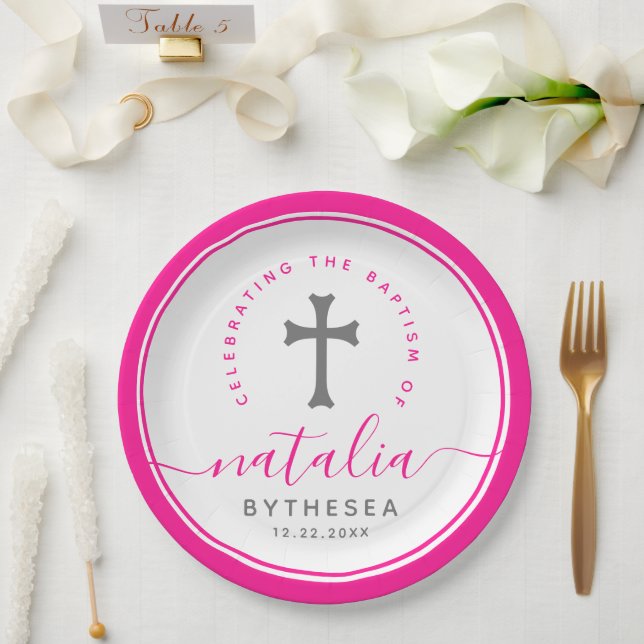 Pink Baptism Christening Naming Cross Paper Plate (Wedding)