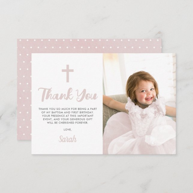 Pink Baptism Christening Religious Girl Photo Thank You Card (Front/Back)